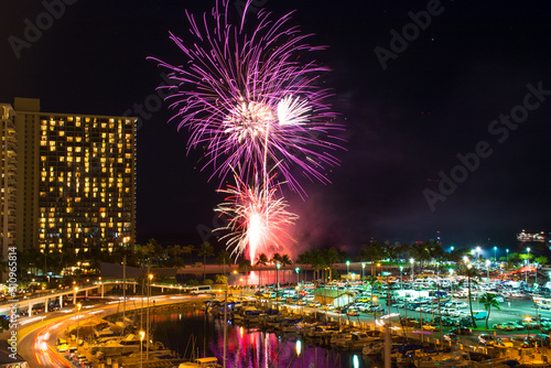 Friday night fireworks in Waikiki over Ala Wai Boat Harbor in Honolulu on Oahu,Hawaii