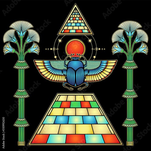 Animation color drawing: Divine scarab beetle sits atop pyramid holds disk of sun. Ornamental trees. Vector illustration isolated on a black background. Print, poster, T-shirt