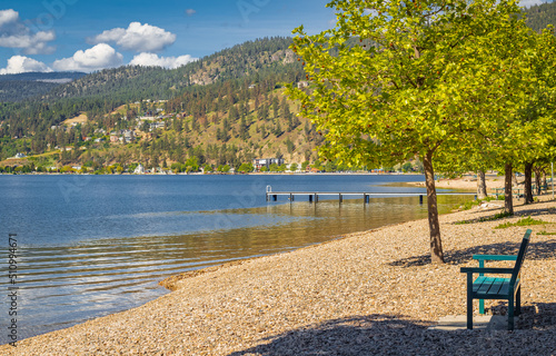 Summer day at the Okanagan lake beach in Kelowna, BC. The view on the beach with trees and benches.