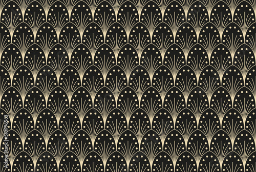  Vektor-Illustration eines nahtlosen, dekorativen, geometrischen, hell gold und schwarzen Art-Déco-Musters der 20er Jahre mit Fächern und Punkten