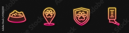 Set line Animal health insurance, Pet food bowl for cat or dog, Location veterinary hospital and Drinker small pets. Glowing neon icon. Vector