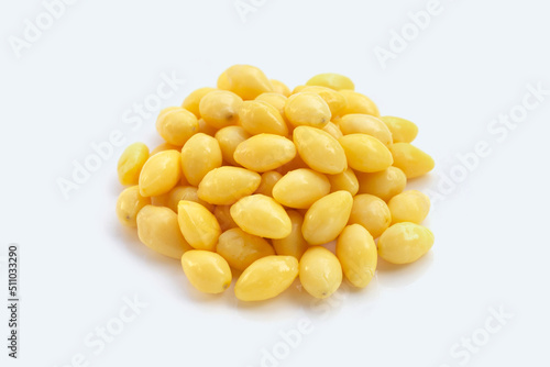 Boiled ginkgo nuts on white background.