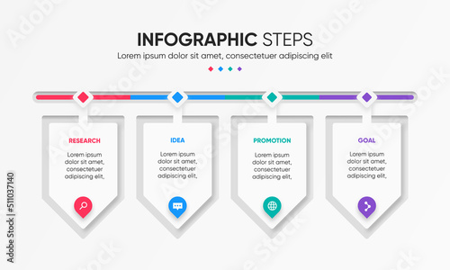 Infographic steps with a custom geometric pentagon shape. Modern and colorful 4 steps infographic presentation design.