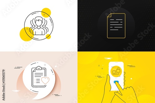 Minimal set of Lock, Patient history and Document line icons. Phone screen, Quote banners. Group icons. For web development. Blocked credit card, Medical survey, Page file. Headhunting service. Vector