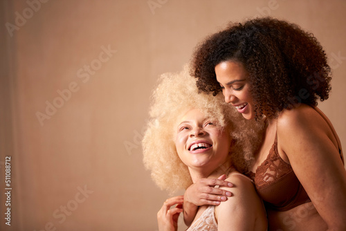 Two Confident Natural Women Friends In Underwear Promoting Body Positivity