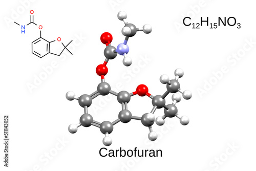 Chemical formula, skeletal formula, and 3D ball-and-stick model of carbamate insecticide carbofuran, white background
