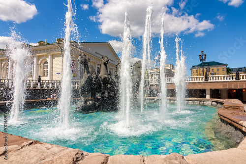 Fountain with horses on Manezhnaya square in Moscow, Russia (Translation "Central exhibition hall")