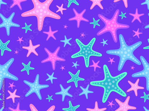 Starfish seamless pattern on violet background. Starfish silhouettes in cartoon style. For promotional products, wrapping paper and printing. Vector illustration