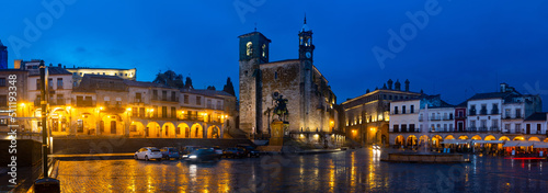 Scenic cityscape of Plaza Mayor at town Trujillo at spring evening, Spain