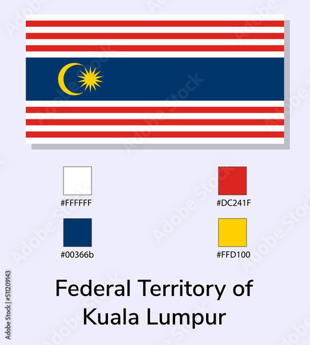 Vector Illustration of Federal Territory of Kuala Lumpur flag isolated on light blue background. Federal Territory of Kuala Lumpur flag with Color Codes. As close as possible to the original.