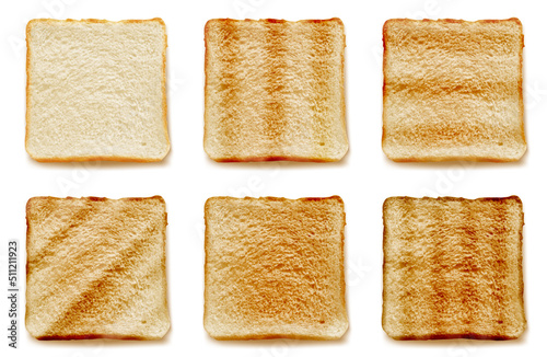 Toasted bread for sandwich 3D isolated vector set realistic illustration, top view, traditional breakfast. Square slices of bread with different degrees of roasting on white background
