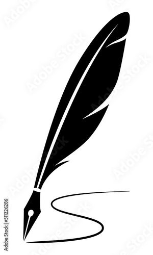 silhouette quill writing curves, black feather pen on a white background.