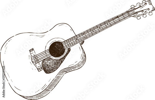 Illustration sketch acoustic guitar in black and white style. Vector illustration