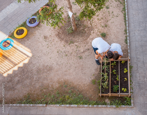 Vista aérea del huerto en el jardín del colegio, con dos niños irreconocibles, cuidando la plantación. Fotografía con espacio para texto.