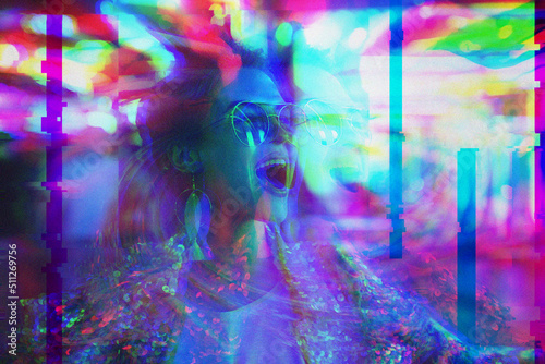 Woman having psychedelic trip with hallucinations after drug abuse. Noise and glitch effects applied.