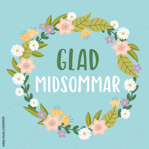Happy Midsummer Swedish lettering quote. Vector illustration wreath of daisies, daisy, flowers on blue background. Midsummer holiday background concept. 
