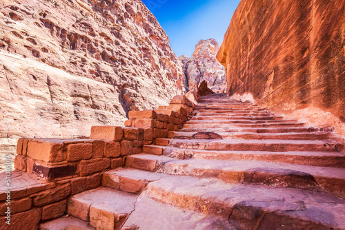 Petra, Jordan - Rocky stairs to view point over Treasury