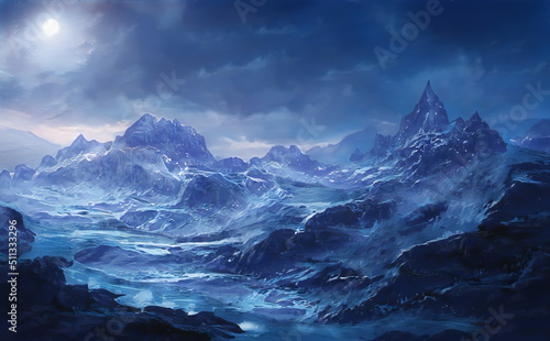 Fantastic Winter Epic Landscape of Mountains. Celtic Medieval forest. Frozen nature. Glacier in the mountains. Mystic Valley. Artwork sketch. Gaming RPG background. Dark Canyon. Day and night