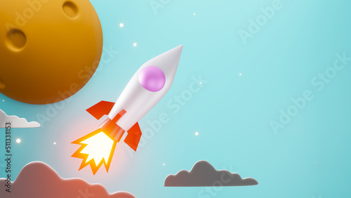 rocket flying into space and the moon background. 3d render.