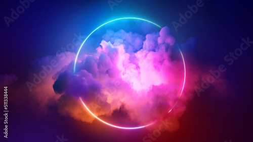3d render, colorful neon ring glowing inside the stormy cloud on the dark sky, abstract background