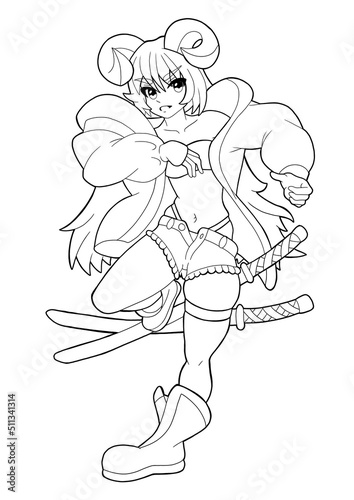 A cute satyr girl drawn in the style of Japanese manga comics. She has curled horns, long hair, a puffy green jacket, short shorts, two katanas on her back. outline drawing 