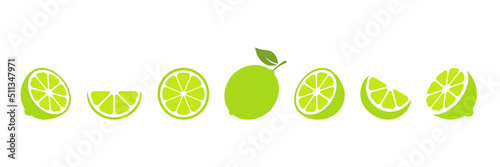 Lime cut slices vector set. Whole, half and slice chopped lime fruit flat collection. Citrus elements group. Illustration isolated on white background.
