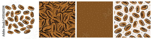 Pecan nut seeds clipart and background. Healthy food, praline ingredient, seamless pattern for product packaging print. Hand drawn repeat vector design in abstract trendy style.