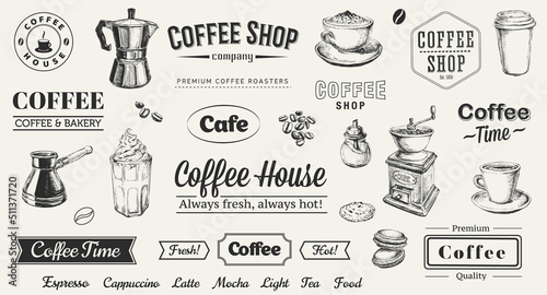 Hand Drawn Set Coffee Vector illustration. Cafe. Logo. Template.