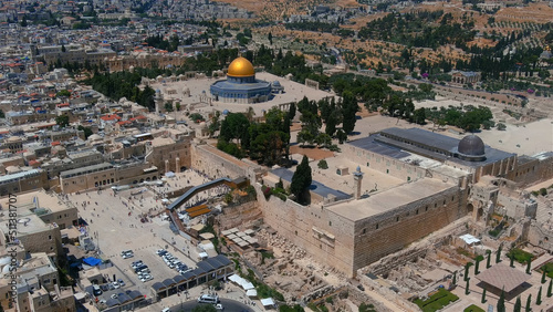 Western wall (kotel) and al Aqsa mosque, aerial,israel Drone and unique shot from Jerusalem in summer of 2022, the Kotel and al Aqsa mosque, israel