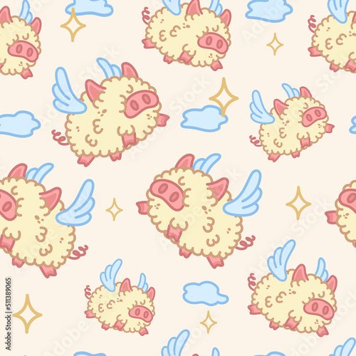 Cutie fluffy pig flying in sky. Magic seamless pattern.