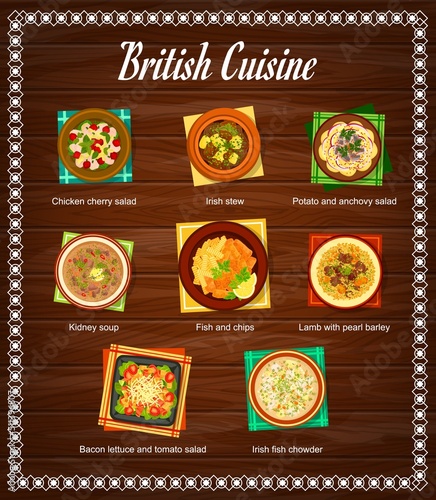 British cuisine menu page. Chicken cherry salad, Irish stew, potato and anchovy salad, kidney soup and fish with chips, lamb with pearl barley, tomato salad with bacon lettuce and Irish fish chowder