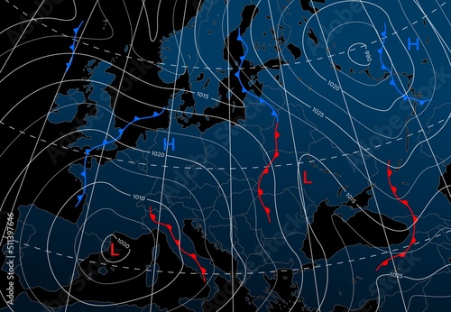 Forecast weather isobar night map of Europe, wind fronts and temperature vector diagram. Meteorology climate and weather forecast isobar of Europe, cold and warm cyclone or atmospheric pressure chart