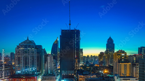 Scenery view cityscape at sunrise in the early morning with skyscraper in Bangkok, Thailand.