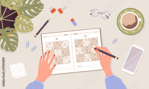 Sudoku game. Learning and leisure concept. Woman solves crossword puzzle. Top view workplace. Task for development of logical thinking and training brain. Vector illustration in flat cartoon style.