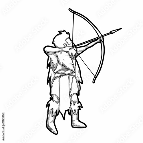 Graphic caveman fighting or hunting with a bow and arrows.