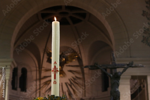 Easter vigil at Notre Dame du Travail catholic church, Paris. New Easter candle. France. 22.03.2018