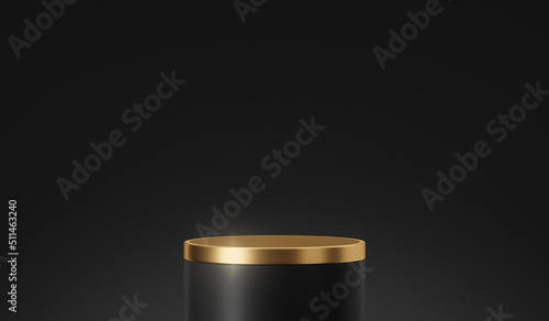 Empty black gold 3d podium stage background with geometric presentation platform luxury pedestal or golden product stand display and premium round cosmetic mockup advertising scene on dark backdrop.