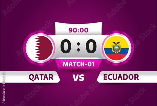 qatar vs Ecuador, world Football 2022, Group A. World Football Competition championship match versus teams intro sport background, championship competition final poster, vector illustration. 