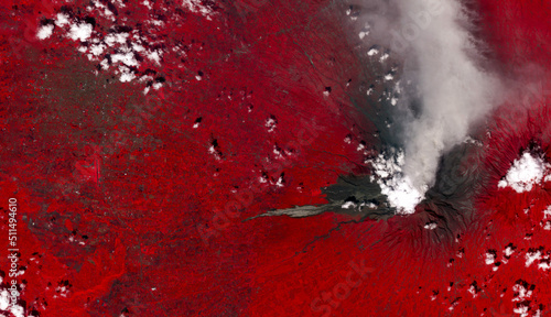 Top view of eruption at Mount Merapi, Indonesia, Hot volcanic avalanches from Merapi Volcano, Pyroclastic flow,Gendol River, Red vegetation landscape,Gray ash. Elements of this image furnished by NASA