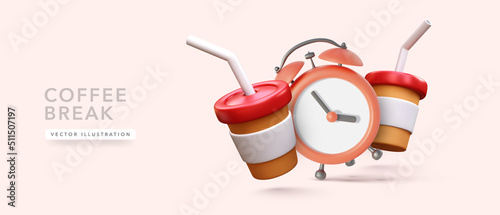 Coffee cup with alarm clock in 3d realistic style. Vector illustration