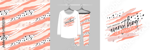 Seamless pattern and illustration set with abstract coral stripes and lettering Just imagine - Everything is Possible. Aesthetic design pajamas, background for apparel, tee prints, fabric, wrapping