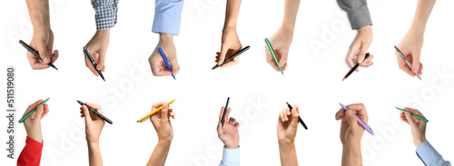 Collage with photos of people holding pens on white background. Banner design