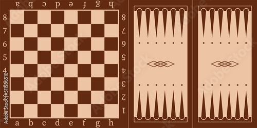 Brown wooden chessboard and backgammon board for playing with chips and dice, top view vector illustration. Abstract pattern for tabletop, vintage empty checkerboard for strategy games background.