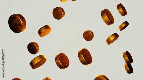 Many golden hockey pucks on white background.Creative sports footage suitable for sport events or betting promotion. 