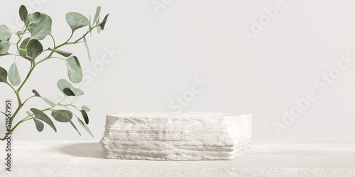 Stone product display podium with nature leaves and branch on brown background. 3D rendering 