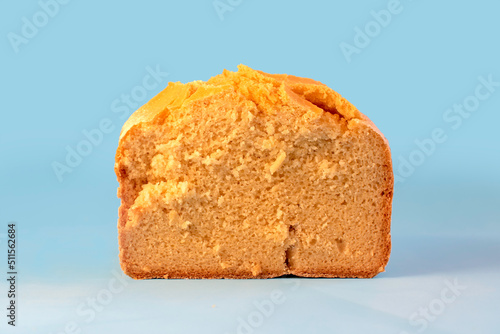 Corn bread. Homemade cornmeal bread on a blue background .Top view