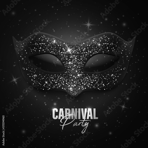 Vector 3d Reaistic Black Carnival Masquerade Mask with Silver Glitter Decoration. Face Carnival Mask Closeup on Black. Carnival Party Banner, Card. Halloween, Festival, Masquerade Concept