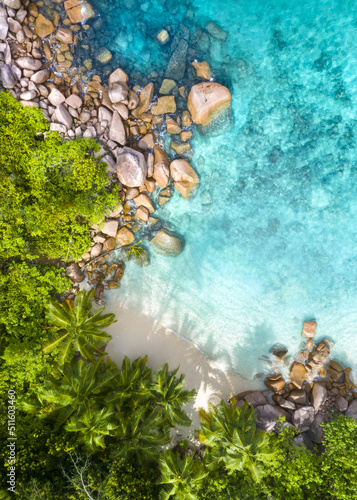 Secret small beach in the bay of Anse Lazio beach, Praslin, Seychelles