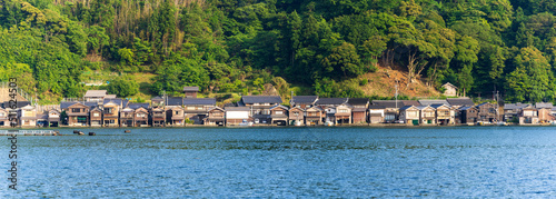 Ultra wide panorama image of boathouses at Ine Town in Kyoto, Japan