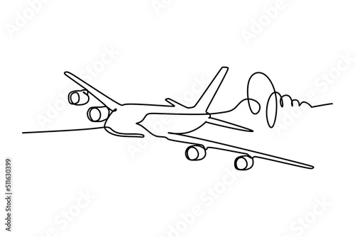 singe line drawing of an airliner. A type of aircraft for transporting passengers and air cargo. Illustration for transportation or business concept